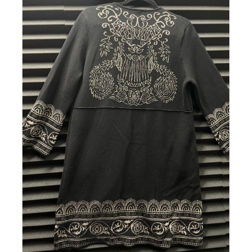 Chico's Size 2P Cardigan Open Sweater Long Beige Black Floral Shiny Woman - Picture 15 of 16